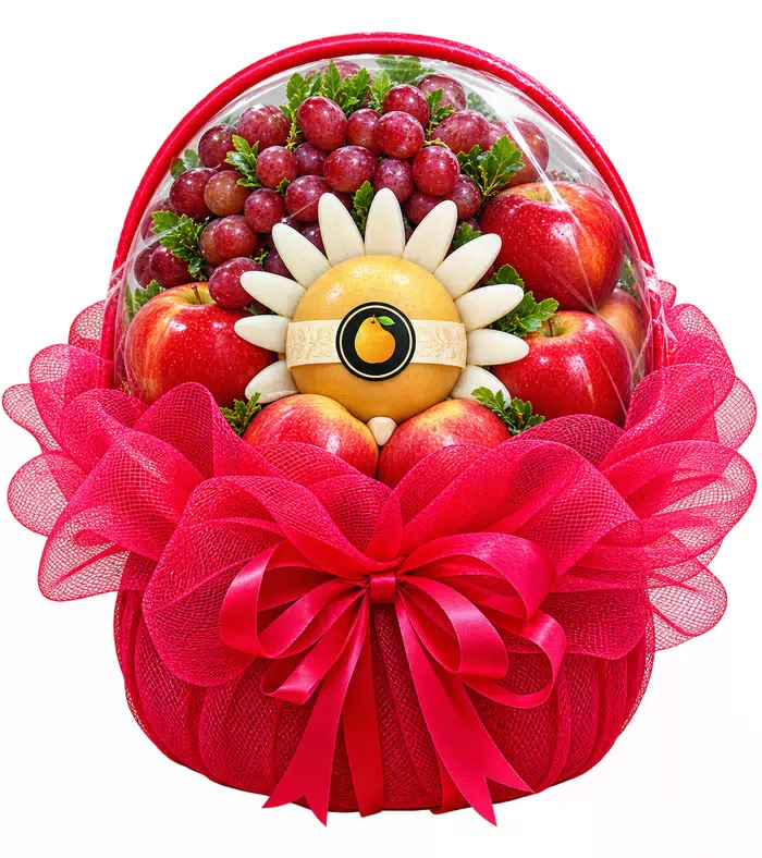 Giỏ trái cây lưới đỏ, quả có múi và nơ đỏ