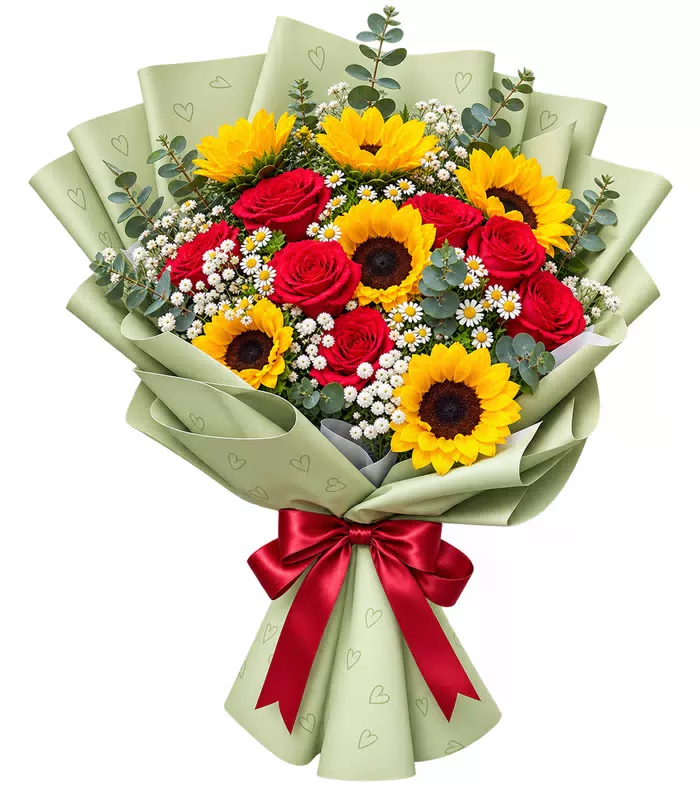 Bó hoa hướng dương phối hồng đỏ