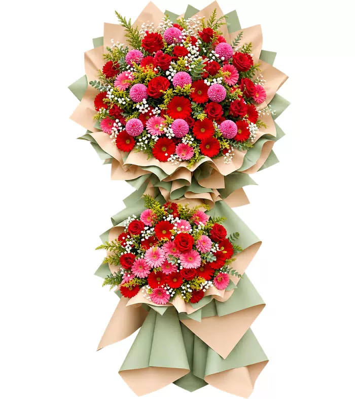 Kệ khai trương hồng đỏ hai tầng, giấy kem và xanh