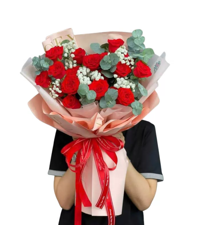 Bó hồng đỏ, giấy cam kem, nơ đỏ