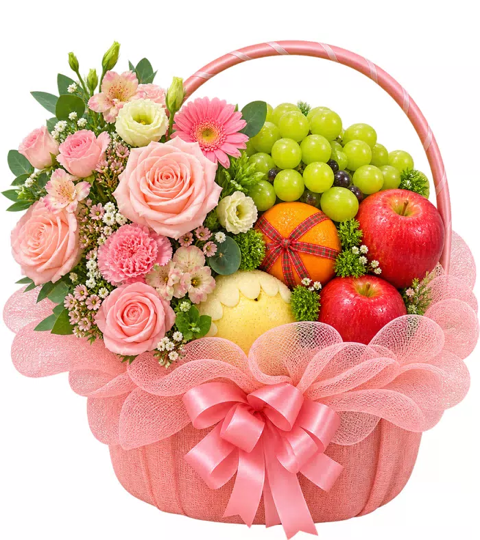 Giỏ trái cây hoa hồng phấn, hoa hồng và nơ hồng
