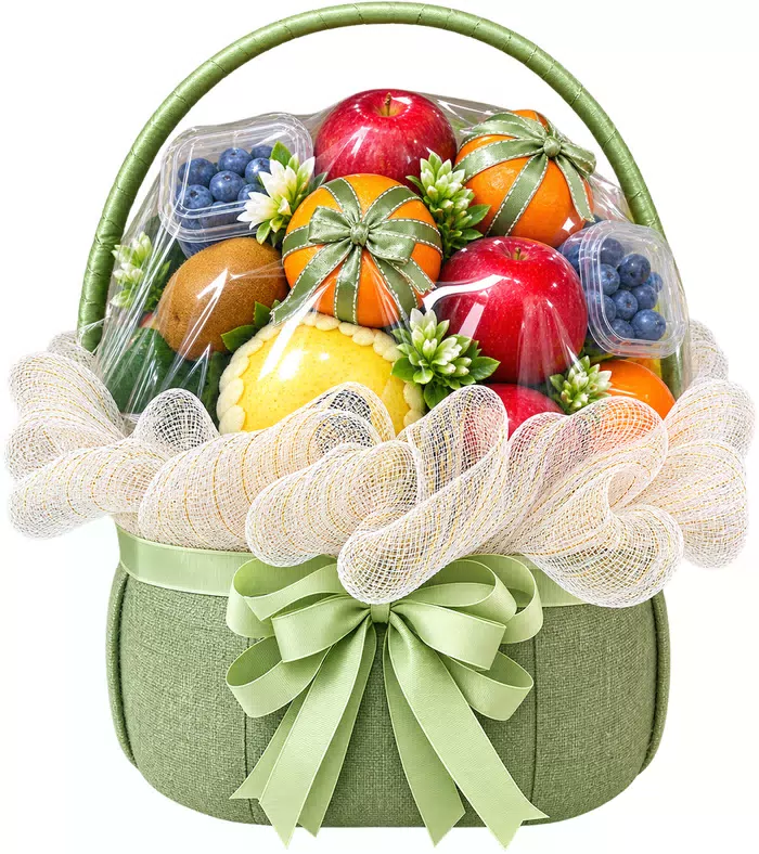 Giỏ trái cây lưới trắng, hộp quả nhỏ và nơ xanh nhạt