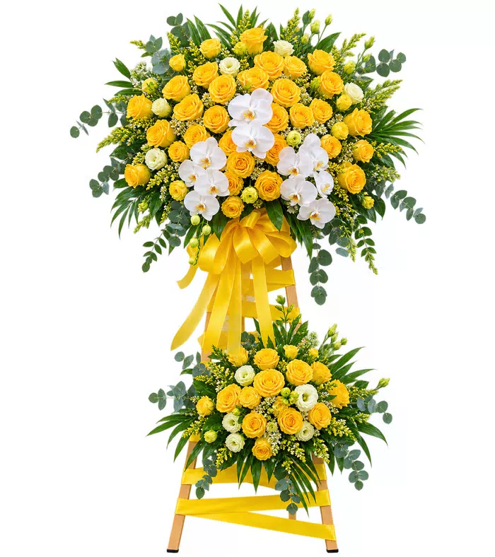 Kệ khai trương vàng lan trắng, lá xanh và chân kệ vàng