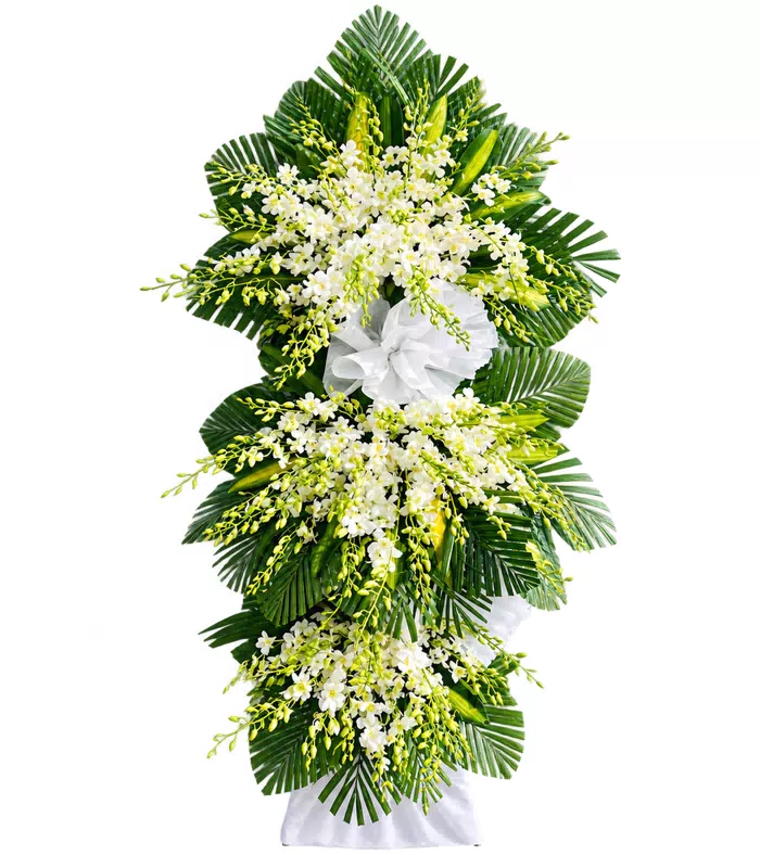 Kệ hoa viếng trắng xanh, nơ và vải trắng