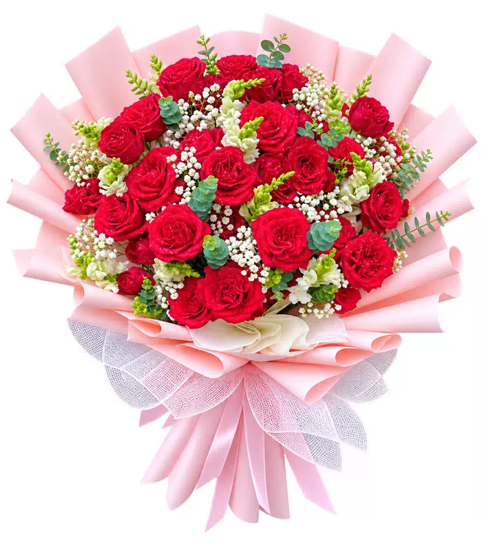 Bó hồng đỏ gói hồng, nơ lưới trắng