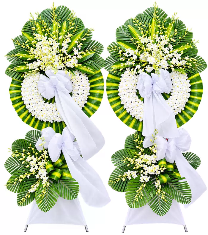 Kệ hoa viếng trắng xanh, hai cụm hoa và nơ trắng