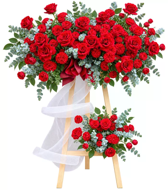 Kệ khai trương hồng đỏ hai tầng, vải trắng và chân gỗ