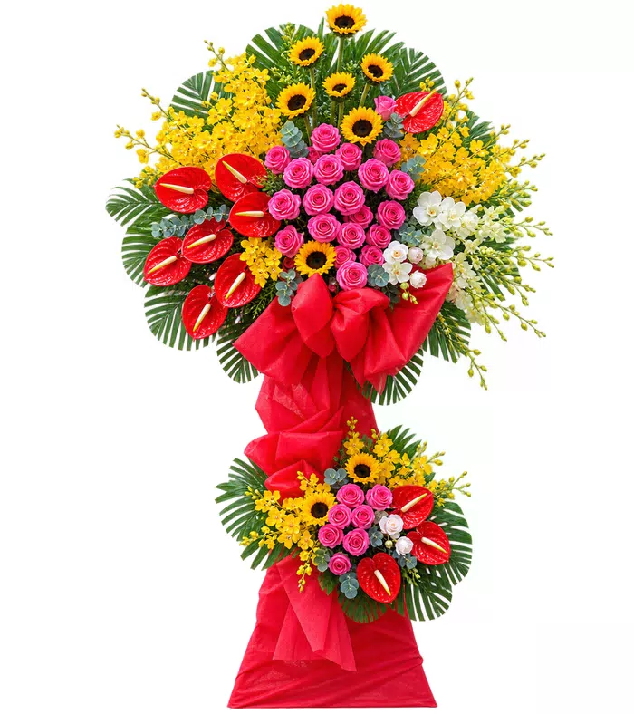 Kệ khai trương vàng hồng hai tầng, lá xanh và nơ đỏ