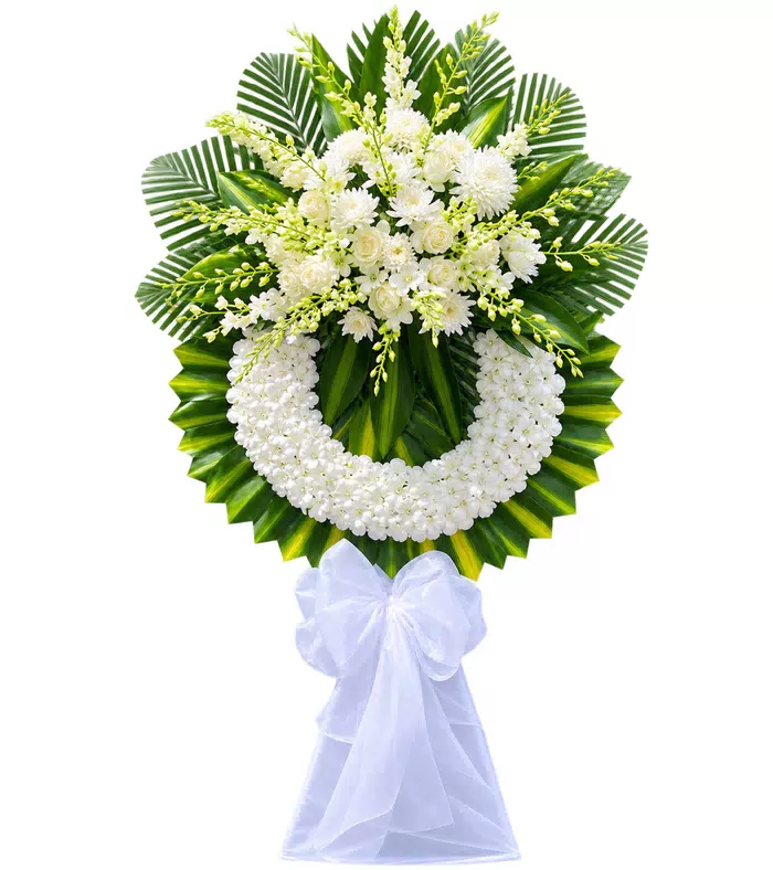 Vòng hoa viếng trắng xanh, lá xanh và nơ trắng