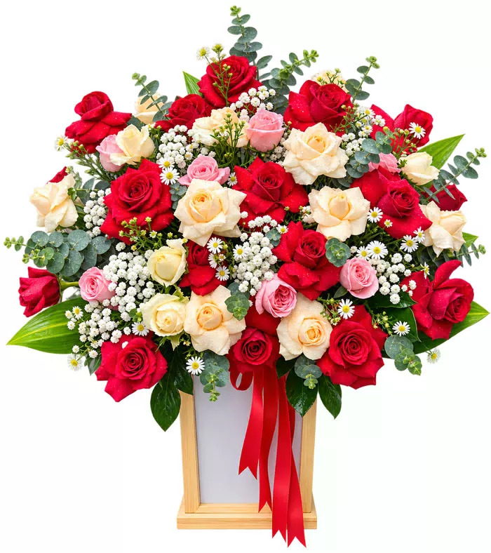 Hộp hồng đỏ kem, nơ đỏ