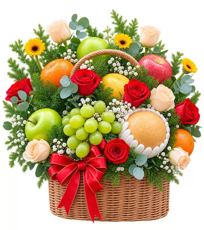 Giỏ trái cây hồng đỏ, giỏ đan và nơ đỏ