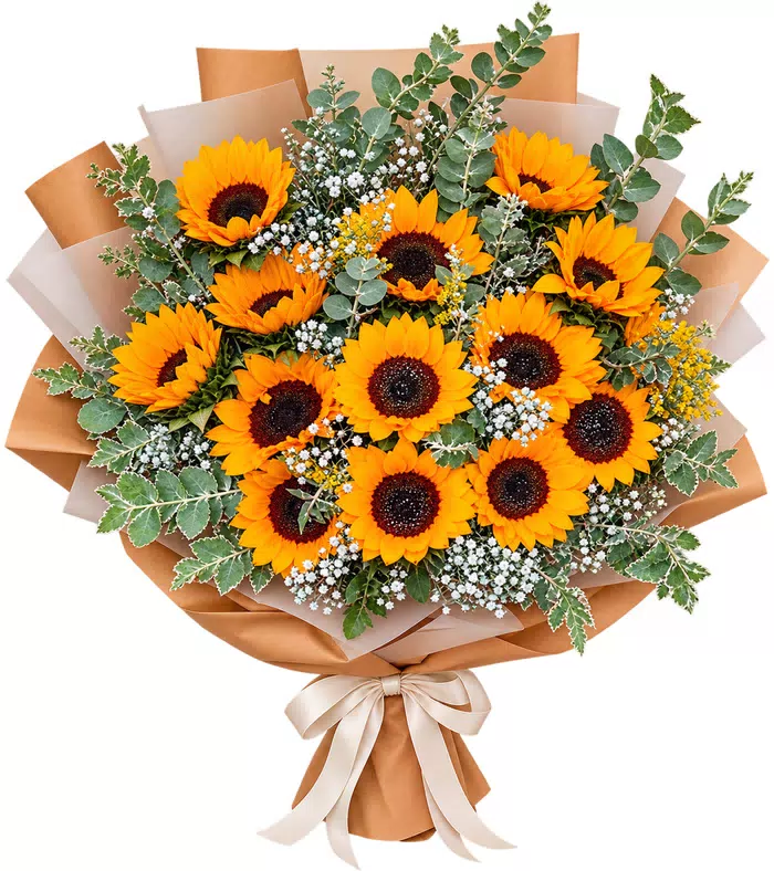 Bó hoa hướng dương phối lá bạc