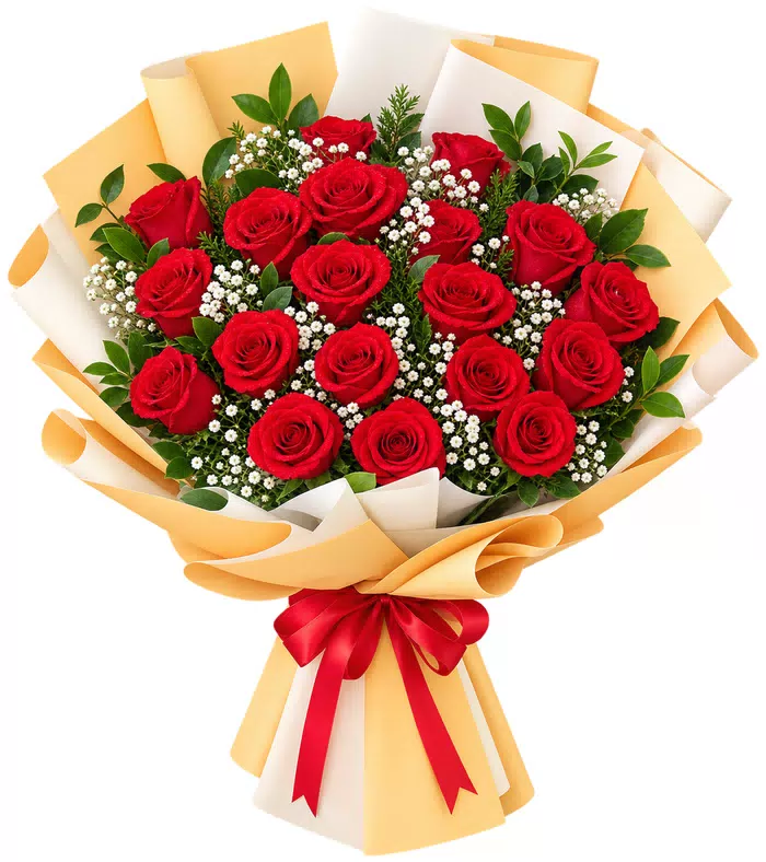 Bó hồng đỏ, giấy vàng kem, nơ đỏ