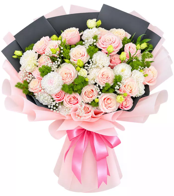 Bó hồng phấn điểm hoa trắng, nơ hồng