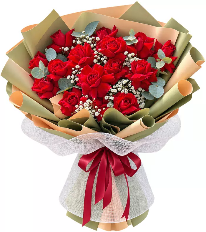Bó hồng đỏ, giấy xanh kraft