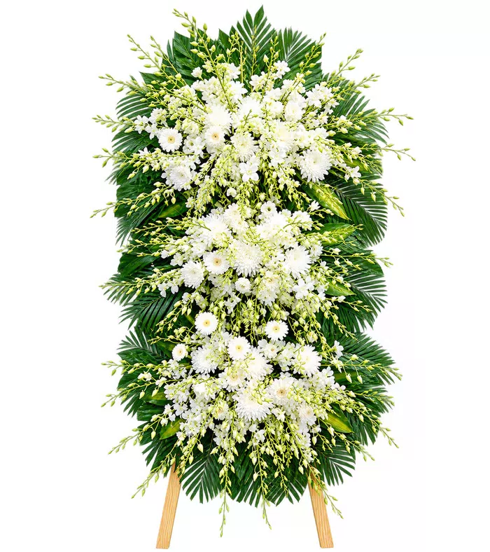 Kệ hoa viếng trắng xanh, cành hoa rủ và chân gỗ