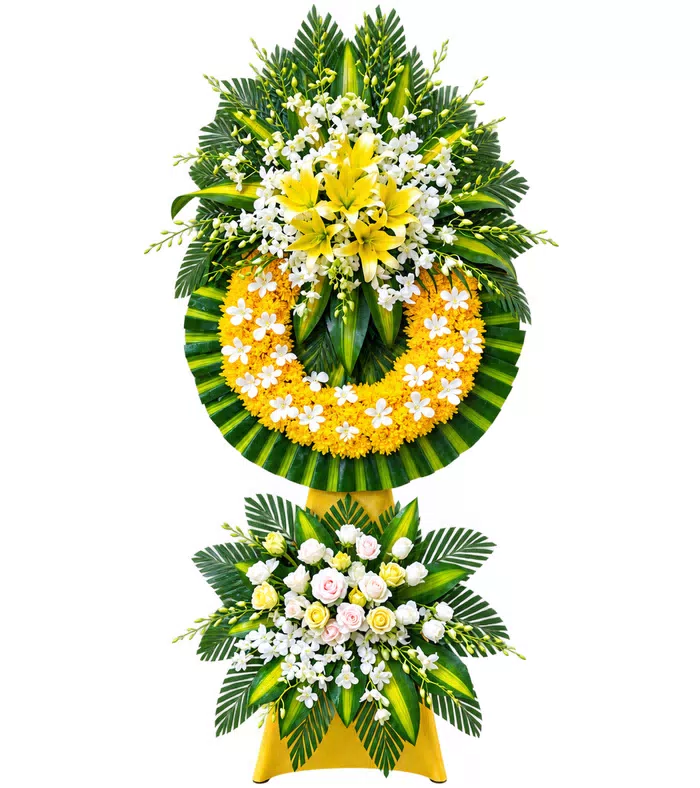 Kệ hoa viếng ly vàng trắng, vòng viếng vàng trắng