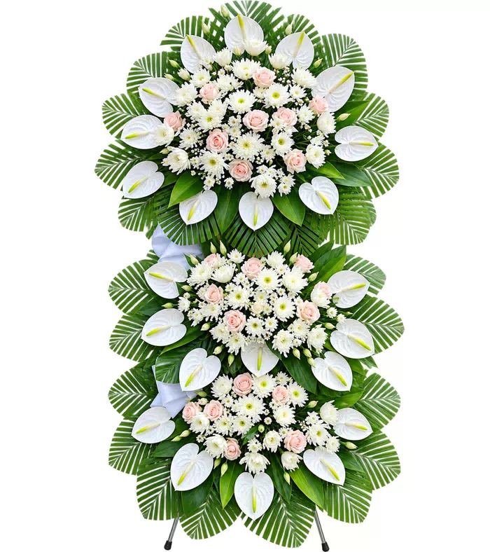 Kệ hoa viếng hồng phấn trắng, ba cụm hoa tròn