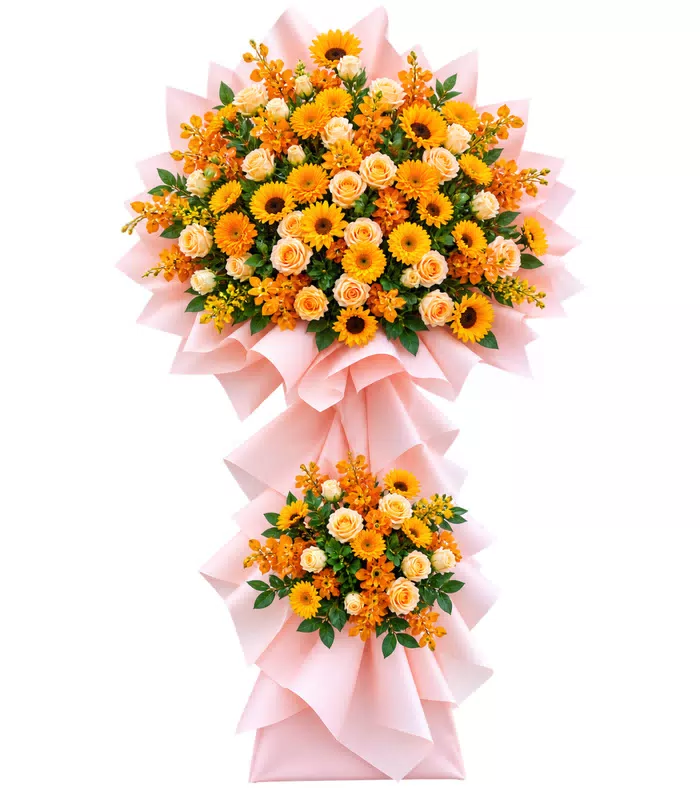 Kệ khai trương hướng dương hai tầng, giấy hồng nhạt
