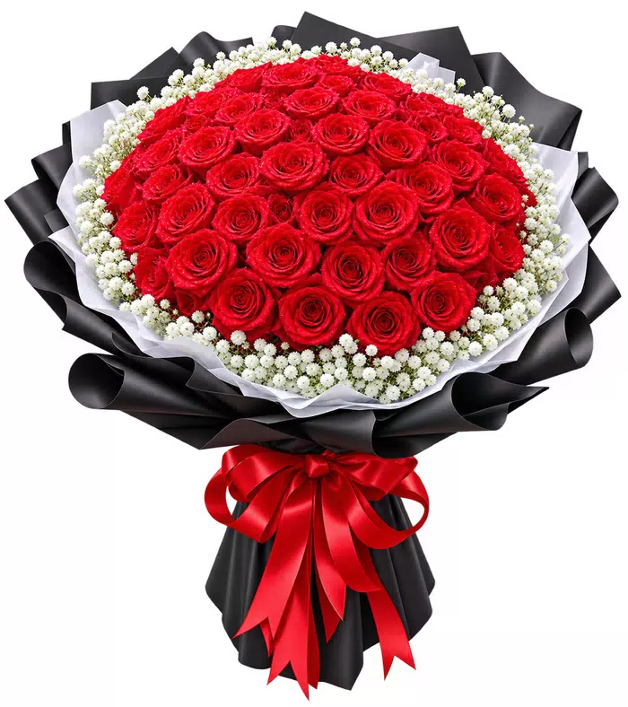 Bó hồng đỏ tròn, giấy đen, giấy đen và nơ đỏ dài
