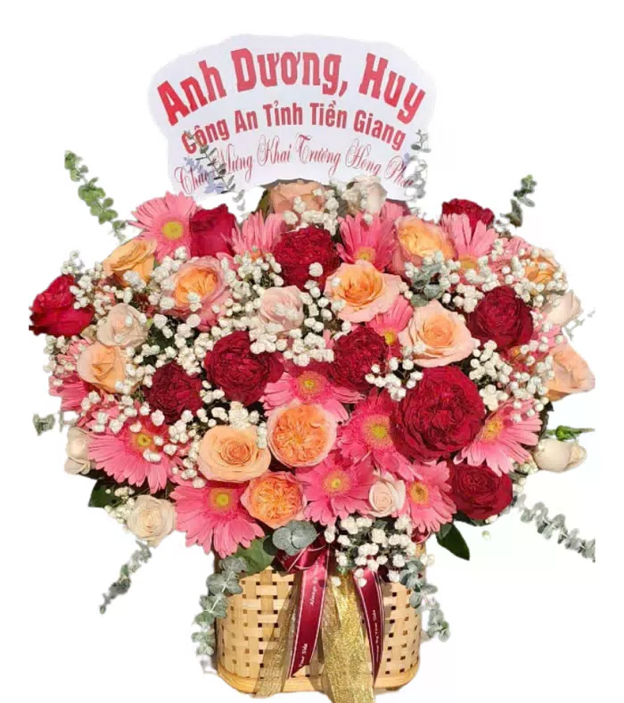 Giỏ hoa đồng tiền hồng phối hồng cam kem