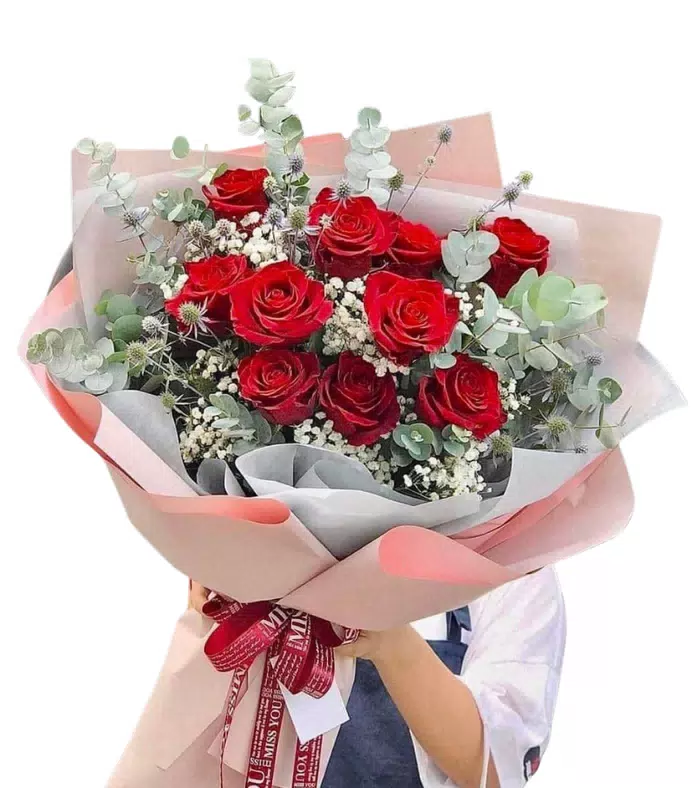 Bó hồng đỏ, giấy hồng kem