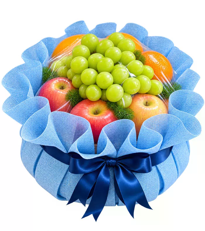 Giỏ trái cây lưới xanh dương, quả có múi và nơ xanh đậm