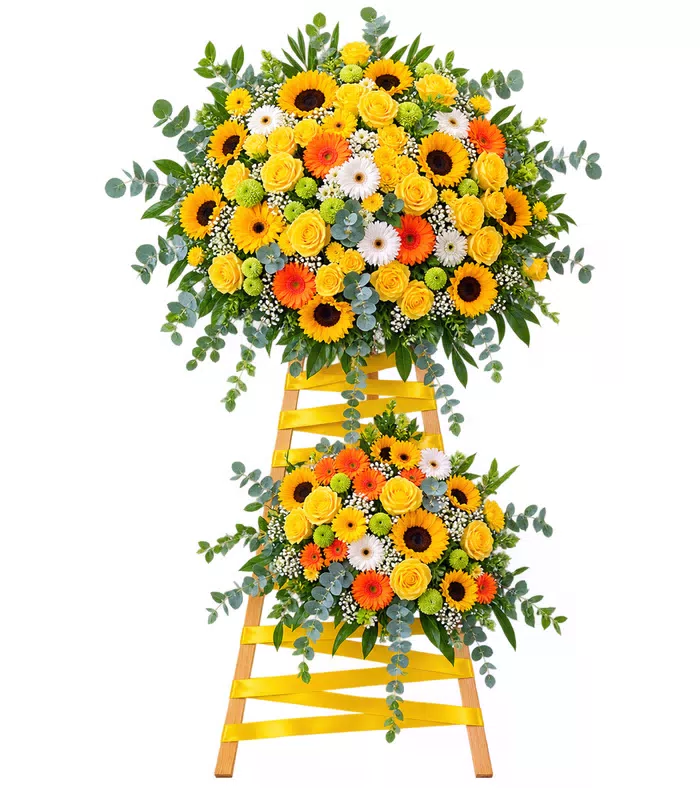 Kệ khai trương hướng dương hai tầng, lá xanh và chân gỗ vàng