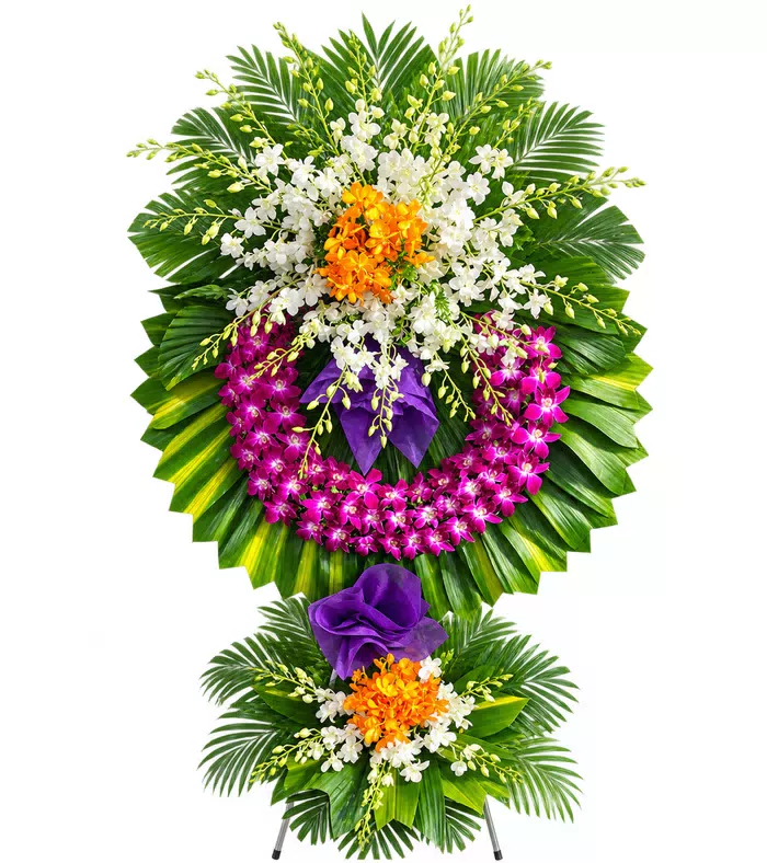 Kệ hoa viếng cam trắng tím