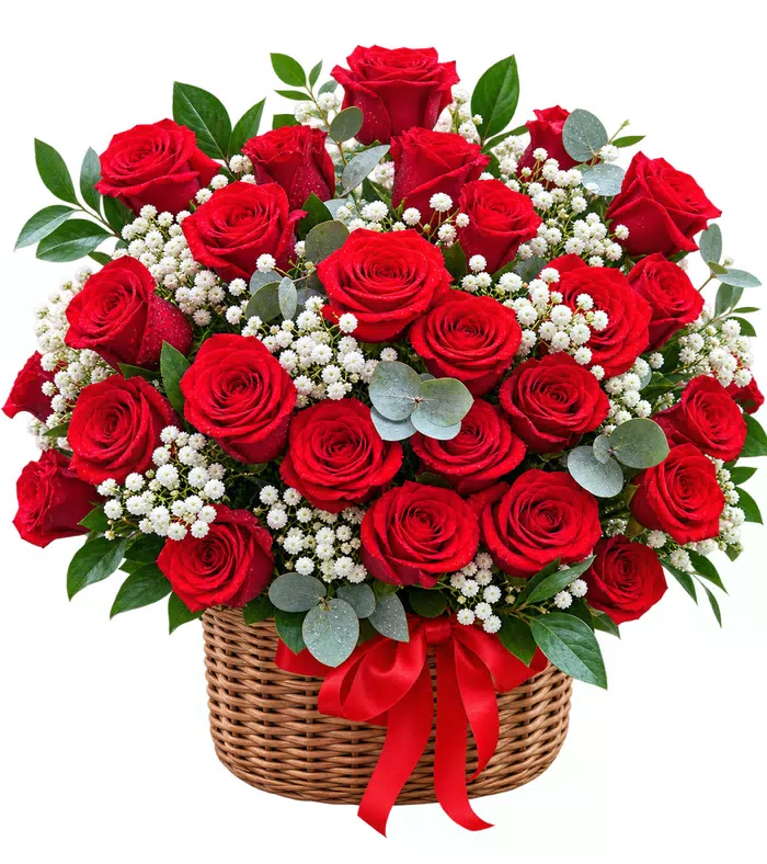 Giỏ hồng đỏ phối lá bạc, nơ đỏ