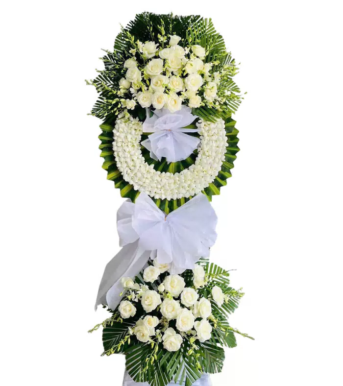 Kệ hoa viếng trắng xanh, hoa hồng trắng