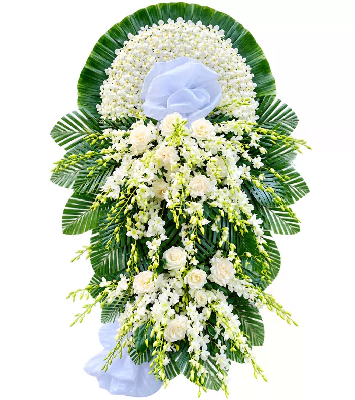 Kệ hoa viếng trắng xanh, hai cụm hoa rủ và vải trắng