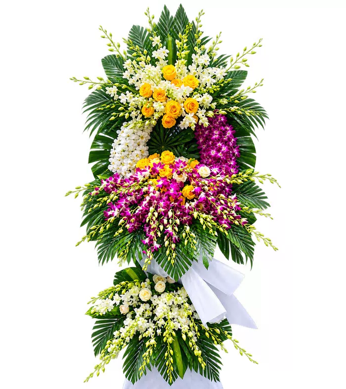 Kệ hoa viếng vàng tím, lan tím và vải trắng