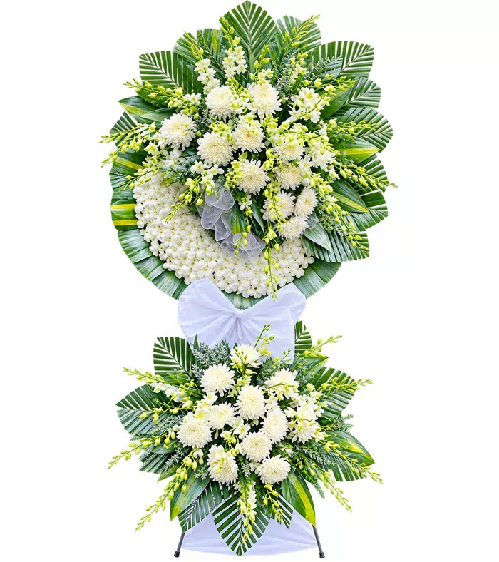 Kệ hoa viếng trắng lá bạc, lá bạc và nơ trắng