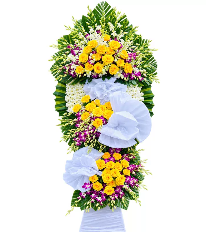 Kệ hoa viếng vàng tím, vòng viếng trắng