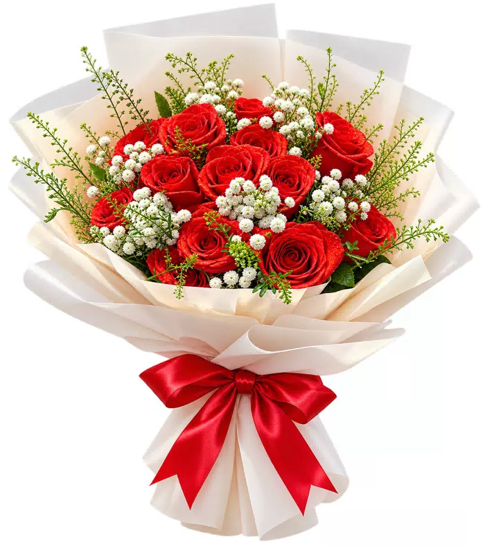 Bó hồng đỏ, giấy kem, nơ đỏ