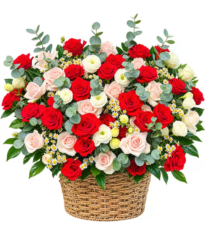 Giỏ hồng đỏ hồng phấn, giỏ đan