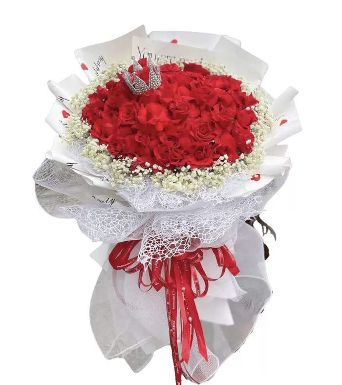 Bó hồng đỏ, giấy trắng phối lưới ren