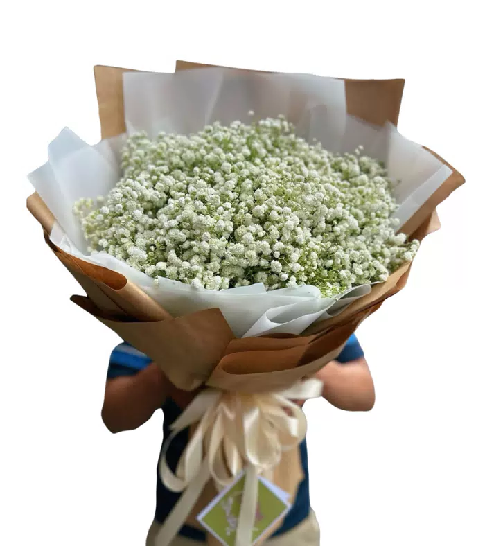 Bó hoa điểm baby trắng, giấy kraft, nơ kem
