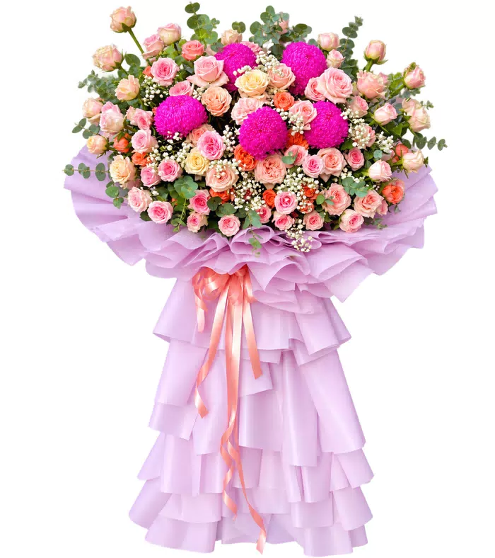 Kệ khai trương hồng cam phối cúc hồng