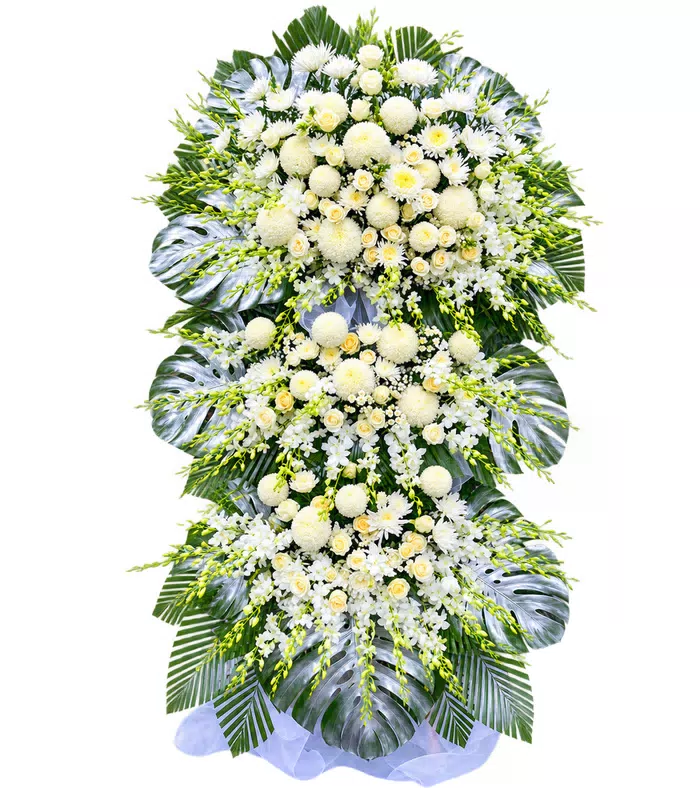 Kệ hoa viếng trắng lá bạc, lá lớn bạc và hoa rủ