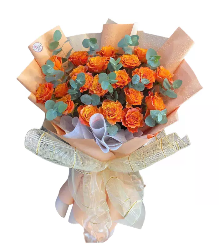 Bó hồng cam phối lá bạc