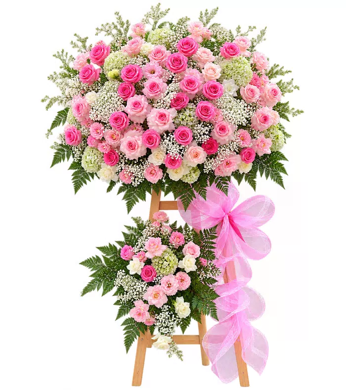 Kệ khai trương hồng phấn hai tầng, nơ hồng và chân gỗ
