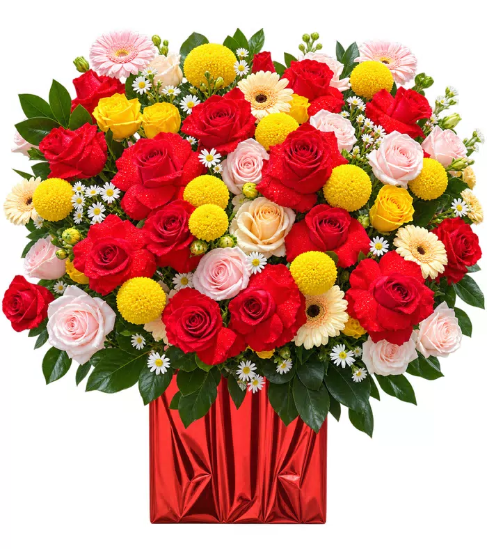 Hộp hồng đỏ phối cúc vàng