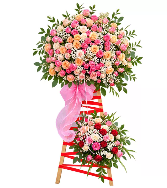 Kệ khai trương hồng phấn hai tầng, vải hồng và chân gỗ