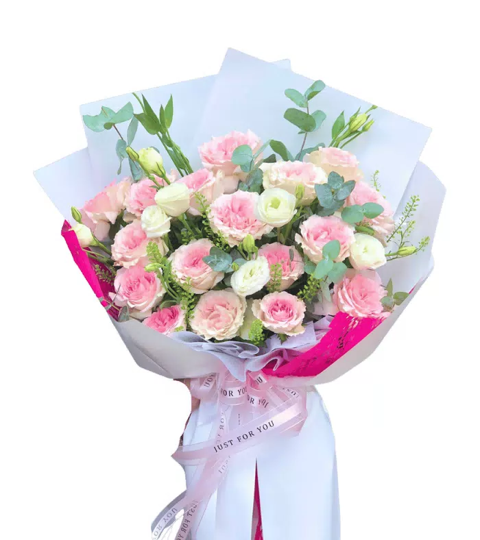 Bó hoa cẩm chướng hồng phối cát tường trắng, lá bạc và nụ xanh
