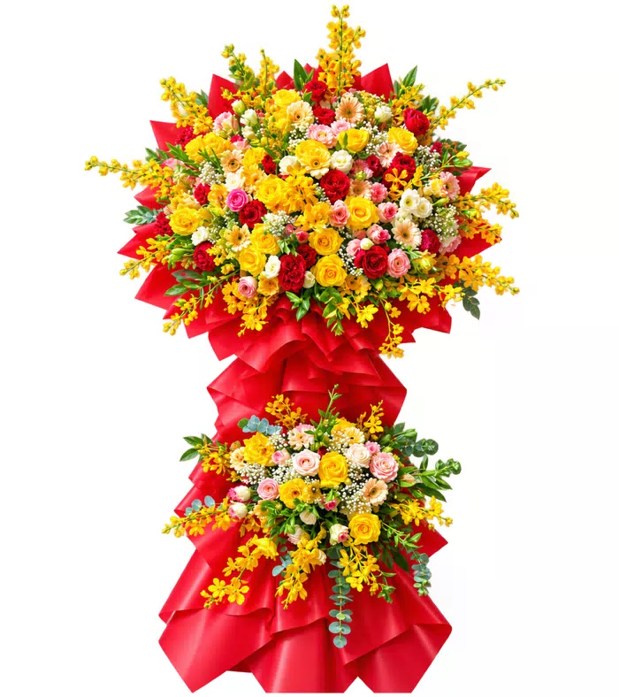 Kệ khai trương đỏ vàng hai tầng, lan vàng và giấy đỏ