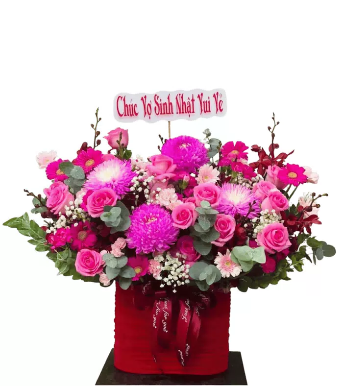 Hộp hồng đậm phối cúc hồng tím