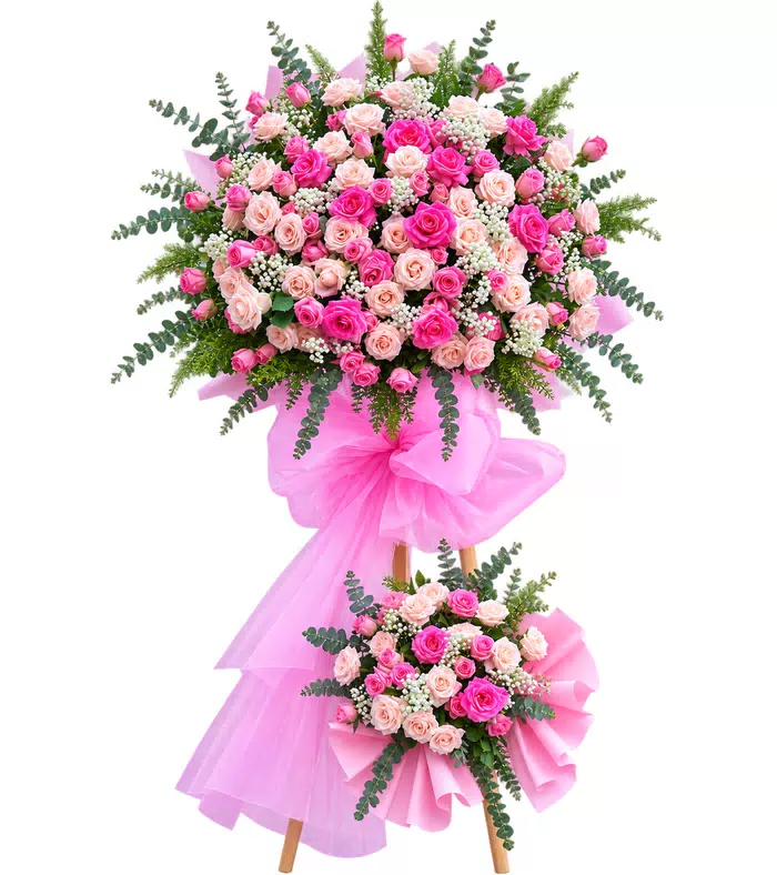 Kệ khai trương hồng phấn hai tầng, giấy hồng và nơ hồng