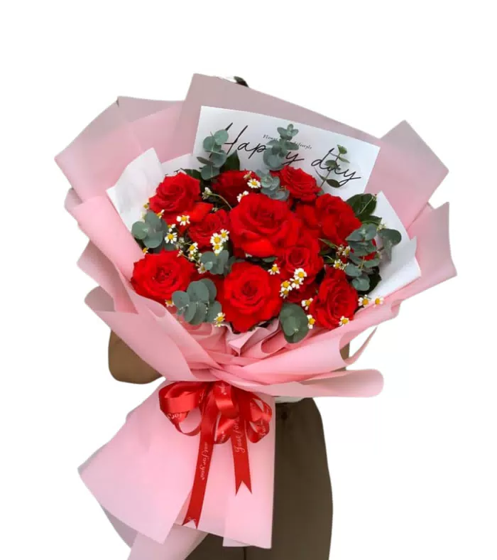 Bó hồng đỏ gói hồng, nơ đỏ